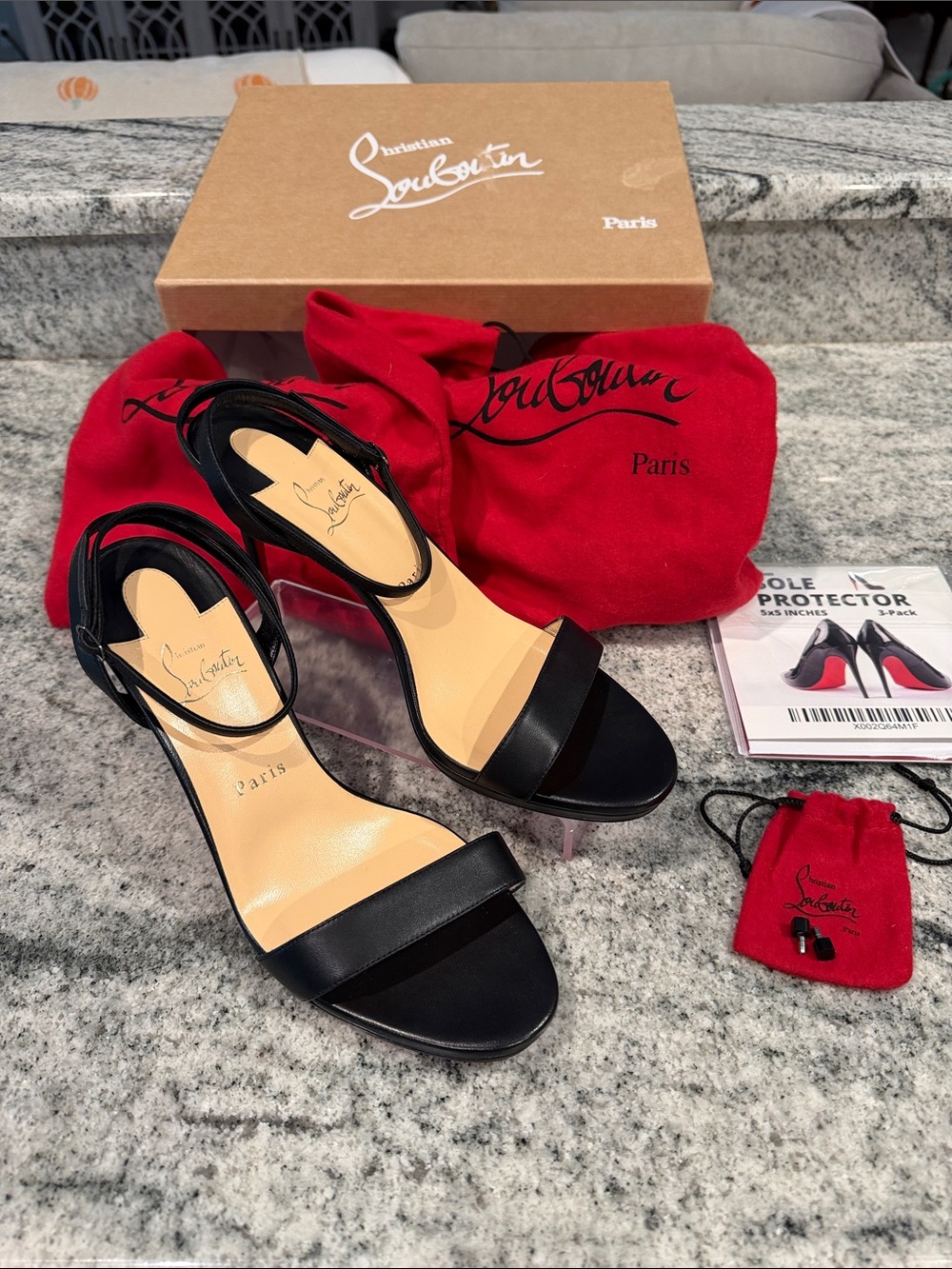 Christian Louboutin Loubi Queen Nappa Black Leather Open-Toe Ankle-Strap Heels